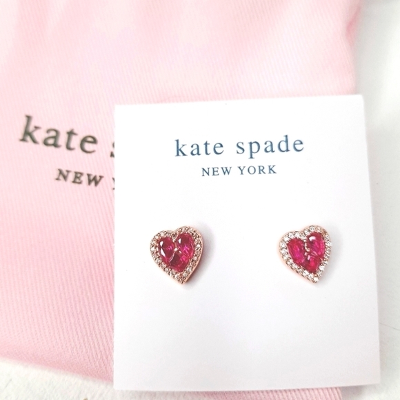 Kate Spade Earrings Spell It Out Heart Studs Ruby CZ Frame Rose Gold NWT new